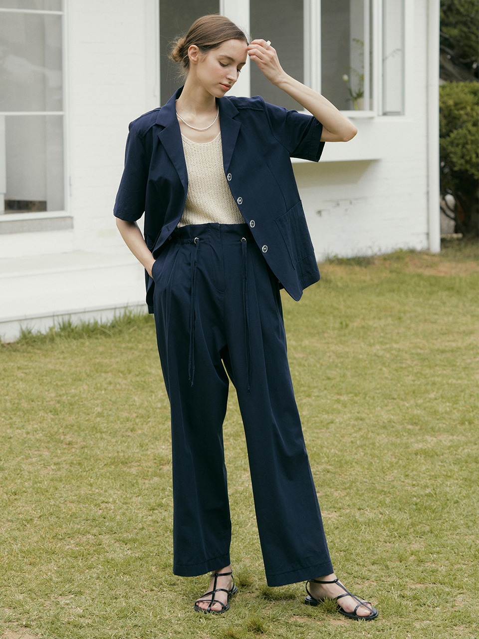 (set) attachment coloring single jacket (navy) + stopper detail wide pants  (navy)