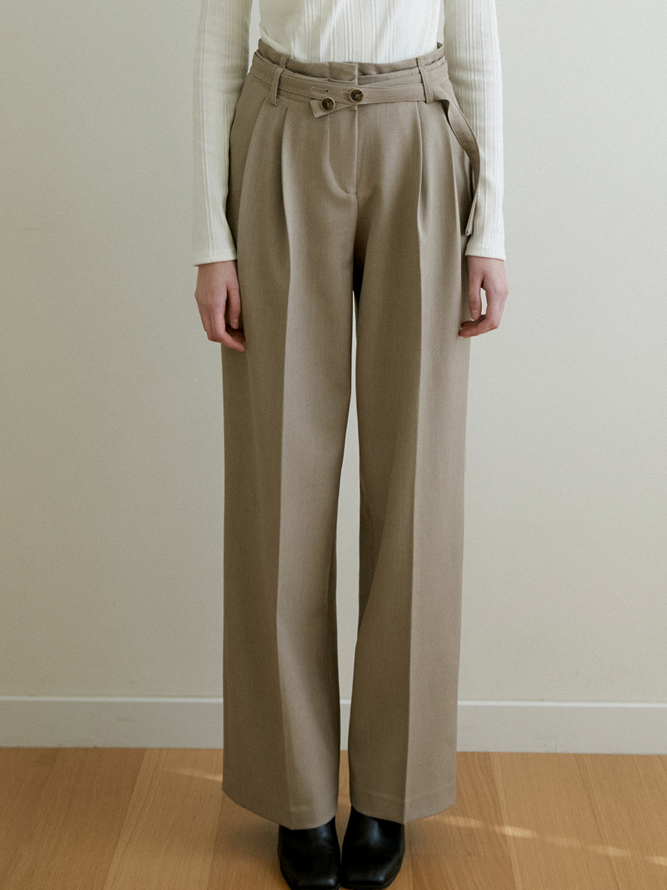 comos 1003 double waist band belt point wide pants (khaki beige)